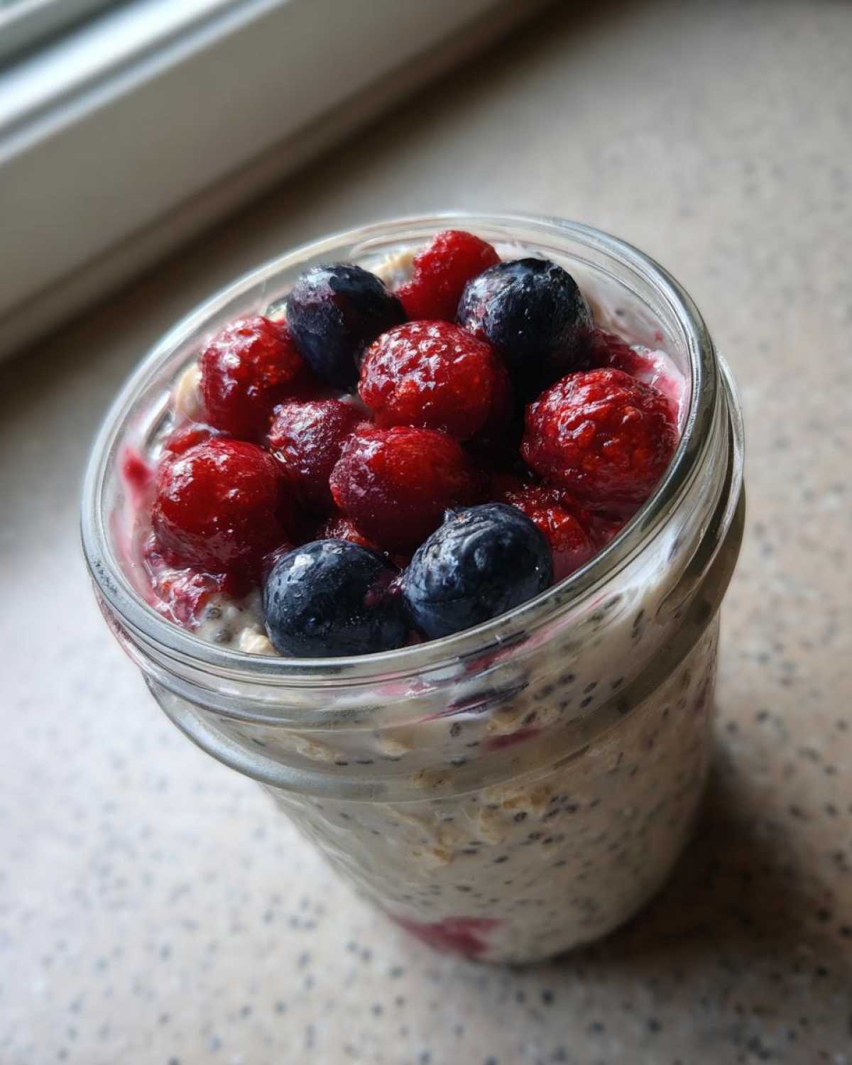 Close-up of Easy Berry Chia Overnight Oats topped with fresh raspberries and blueberries in a glass jar.