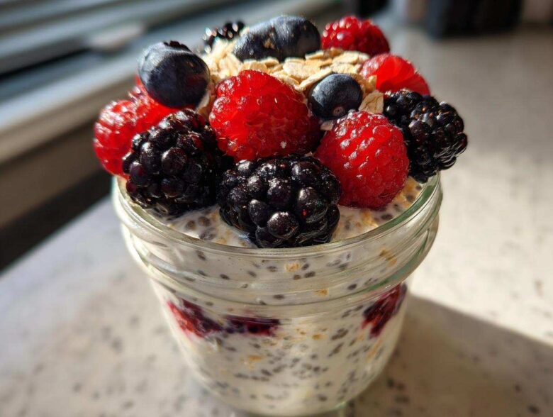 Close-up of Easy Berry Chia Overnight Oats in a jar, topped with fresh raspberries, blueberries, and blackberries.