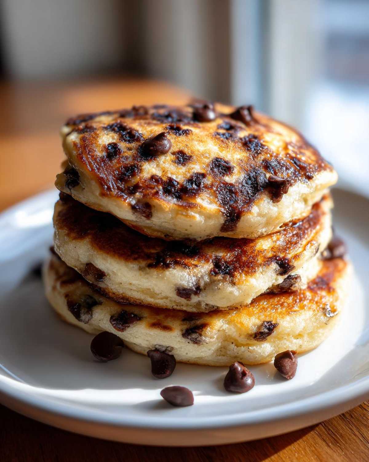 A close-up stack of three fluffy Gluten-Free Chocolate Chip Banana Pancakes on a white plate.