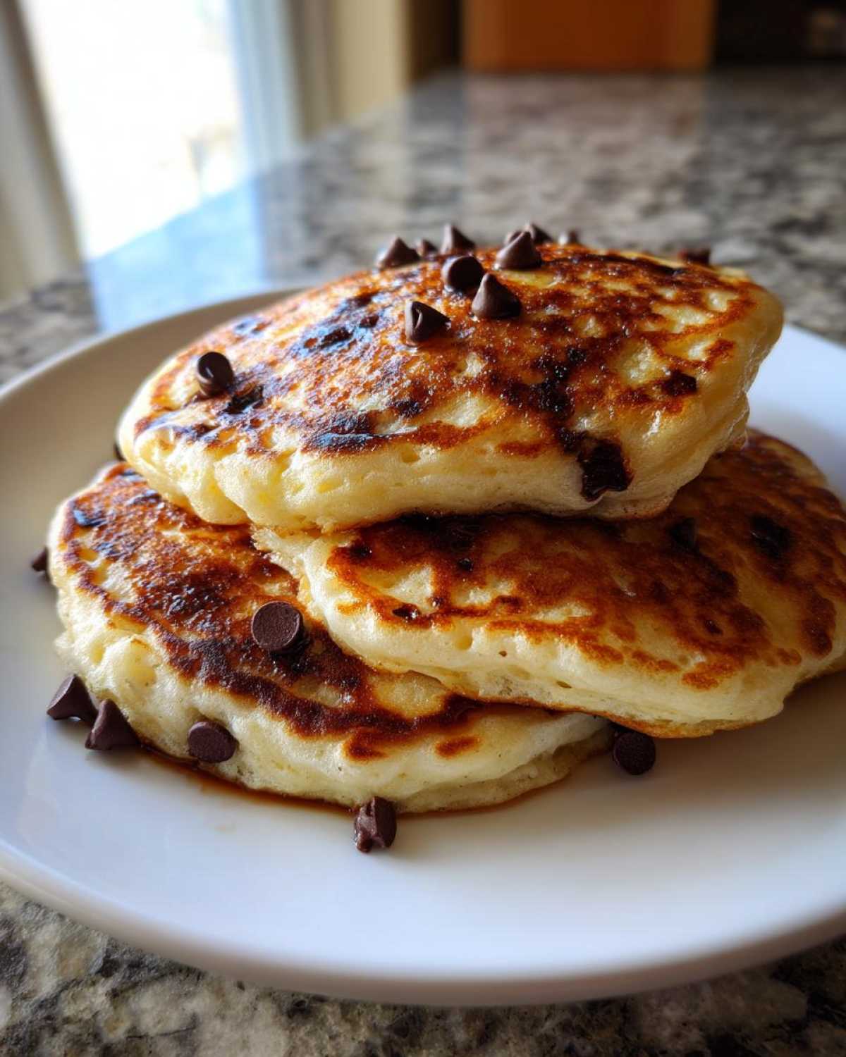A stack of three fluffy Gluten-Free Chocolate Chip Banana Pancakes topped with chocolate chips.