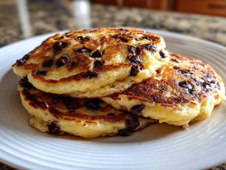 A close-up of a stack of fluffy Gluten-Free Chocolate Chip Banana Pancakes on a white plate.