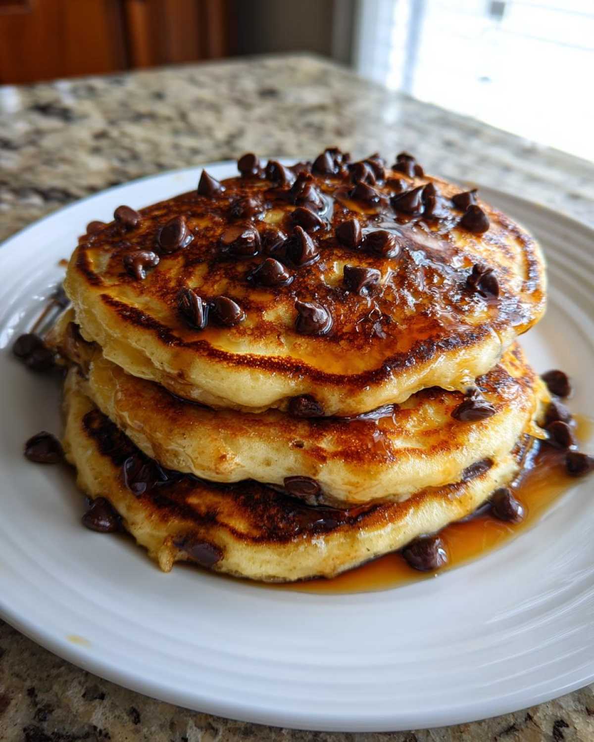 A tall stack of fluffy Gluten-Free Chocolate Chip Banana Pancakes drizzled with syrup and topped with chocolate chips.