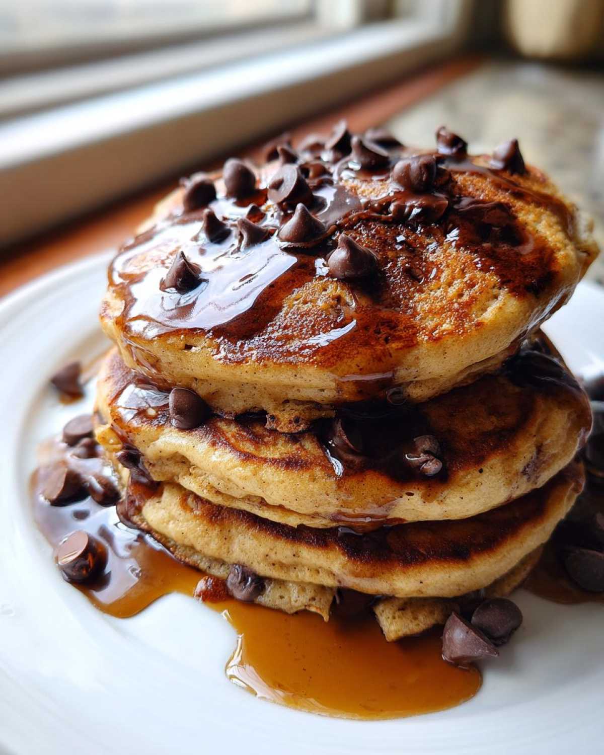 A tall stack of Gluten-Free Chocolate Chip Banana Pancakes drizzled with syrup and topped with chocolate chips.