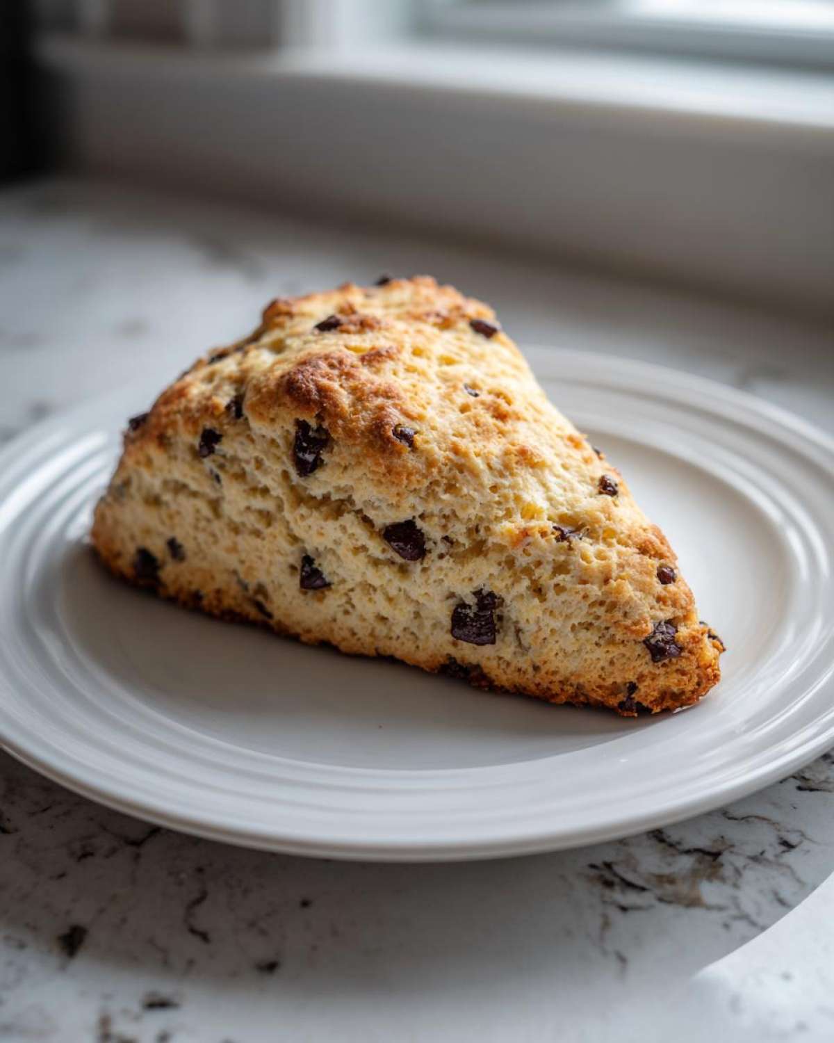 A single, golden-brown Gluten-Free Chocolate Chip Scone resting on a white plate near a window.