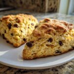 Two freshly baked Gluten-Free Chocolate Chip Scones, one sliced open, resting on a white plate.
