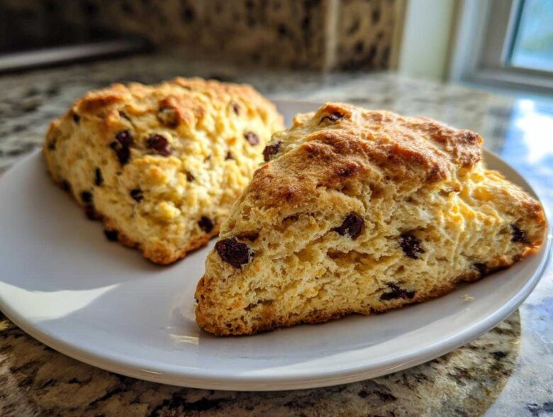 Two freshly baked Gluten-Free Chocolate Chip Scones, one sliced open, resting on a white plate.