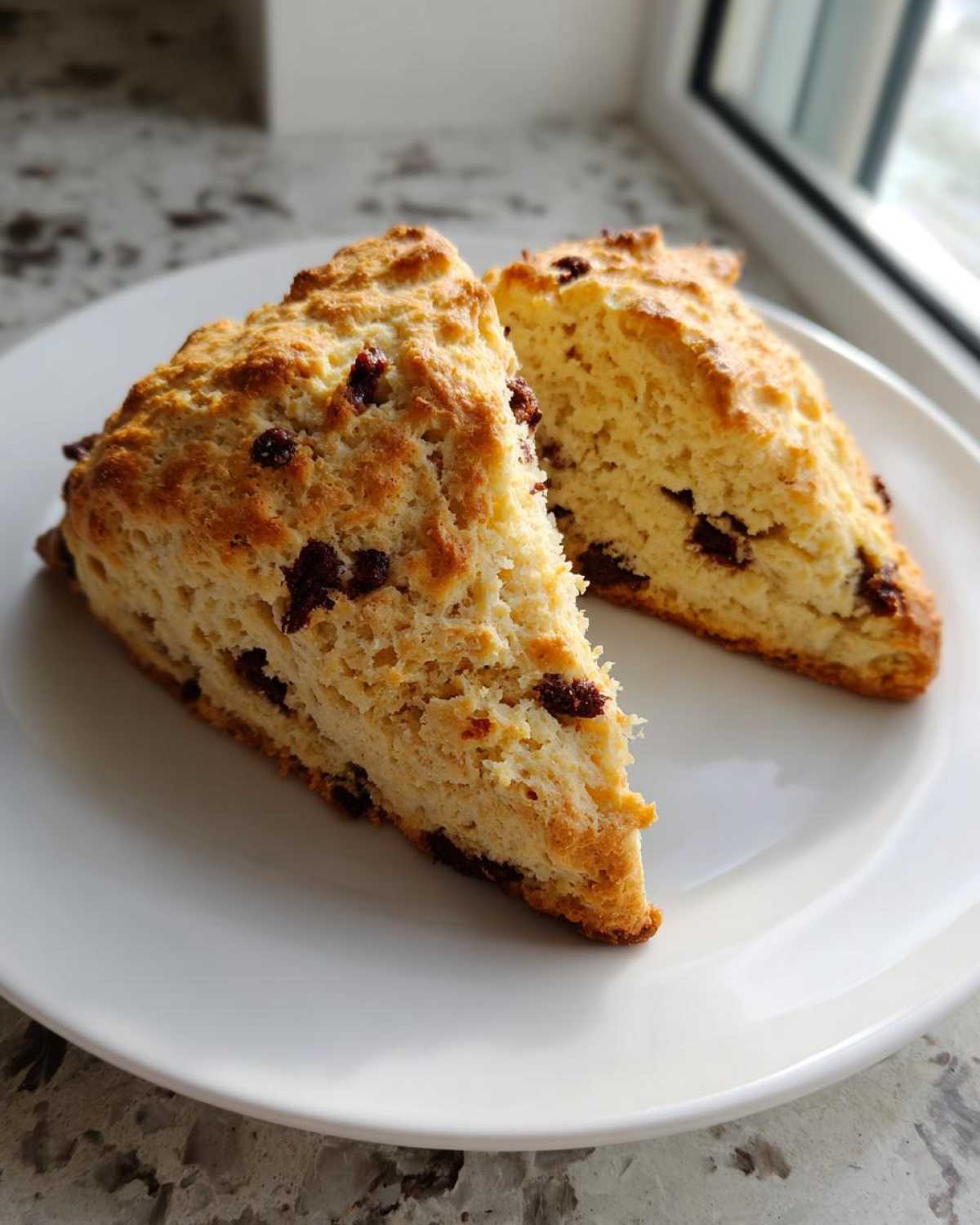 Two triangular slices of freshly baked Gluten-Free Chocolate Chip Scones resting on a white plate near a window.