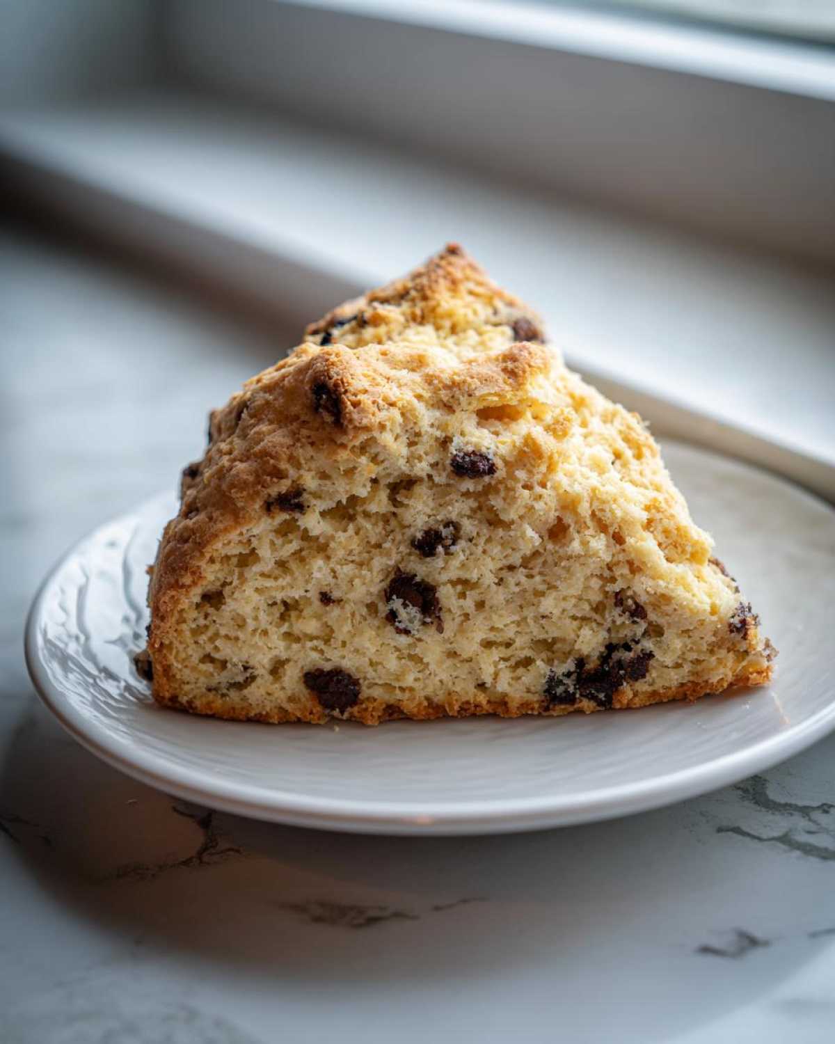 A close-up of a freshly baked Gluten-Free Chocolate Chip Scones slice showing its crumb texture and chocolate chips.