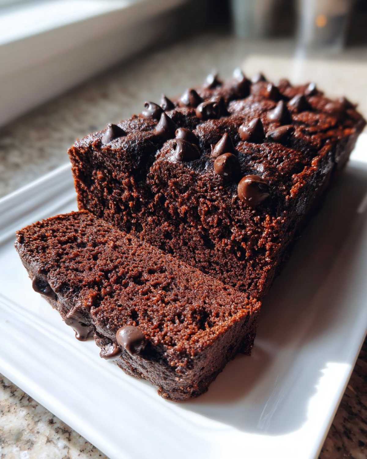 A rich, dark loaf of Gluten-Free Chocolate Zucchini Bread, partially sliced, topped with melted chocolate chips.