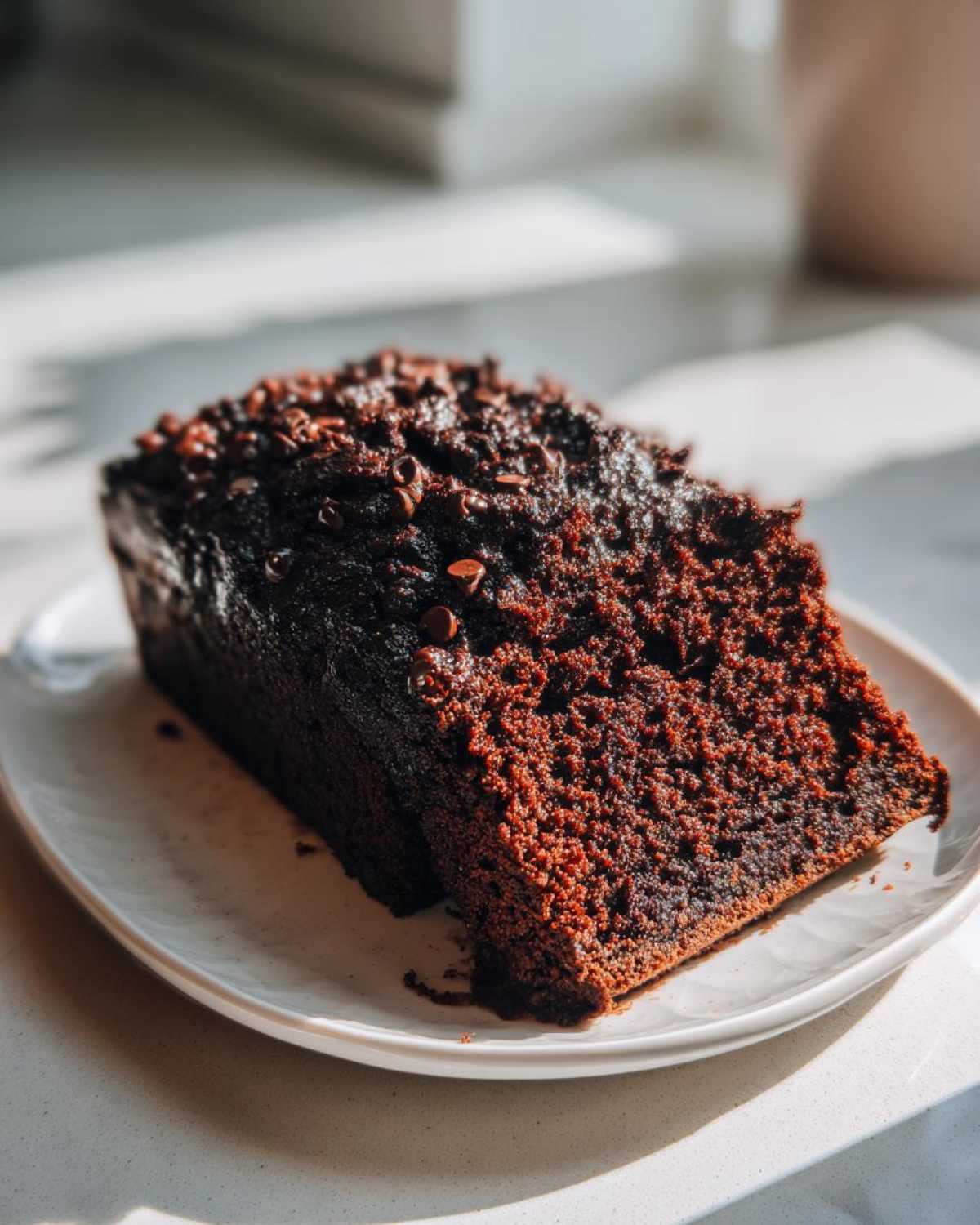 A moist, dark slice of Gluten-Free Chocolate Zucchini Bread topped with chocolate chips on a white plate.