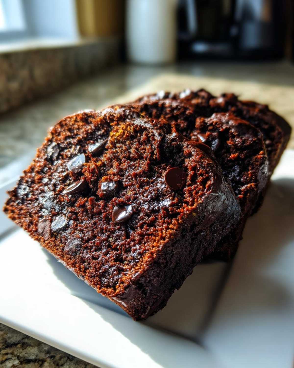 Close-up of three moist slices of Gluten-Free Chocolate Zucchini Bread studded with chocolate chips.