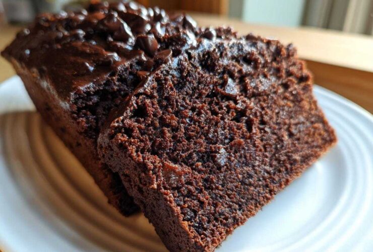 Two slices of rich, dark Gluten-Free Chocolate Zucchini Bread topped with melted chocolate chips on a white plate.