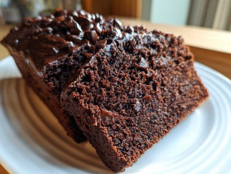 Two slices of rich, dark Gluten-Free Chocolate Zucchini Bread topped with melted chocolate chips on a white plate.