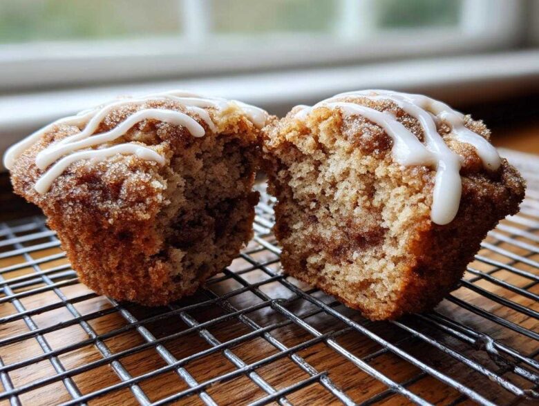Close-up of Gluten-Free Cinnamon Roll Muffins cut in half showing cinnamon swirl and icing.