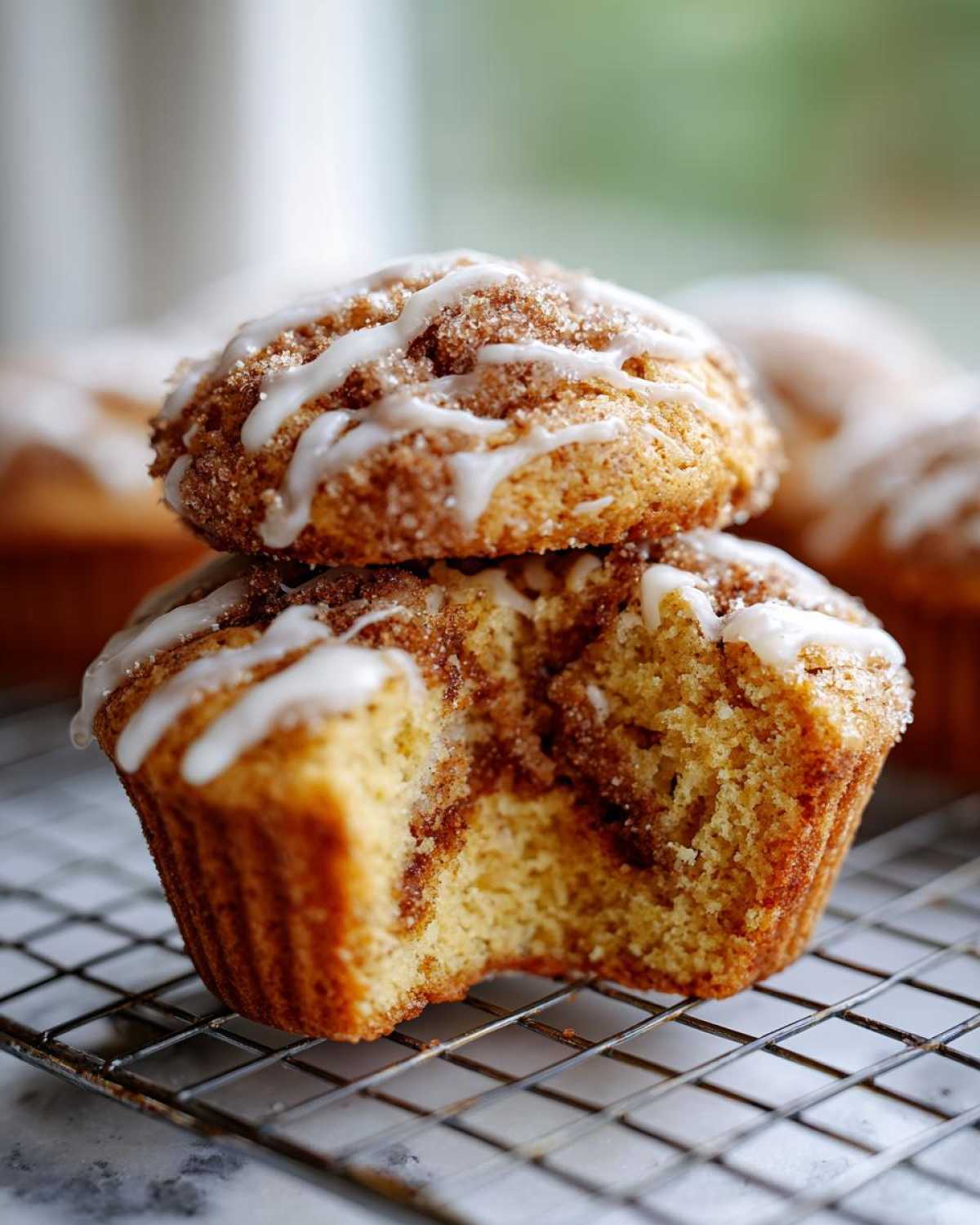 Two Gluten-Free Cinnamon Roll Muffins stacked, one with a bite taken out, showing the swirl inside and white icing.