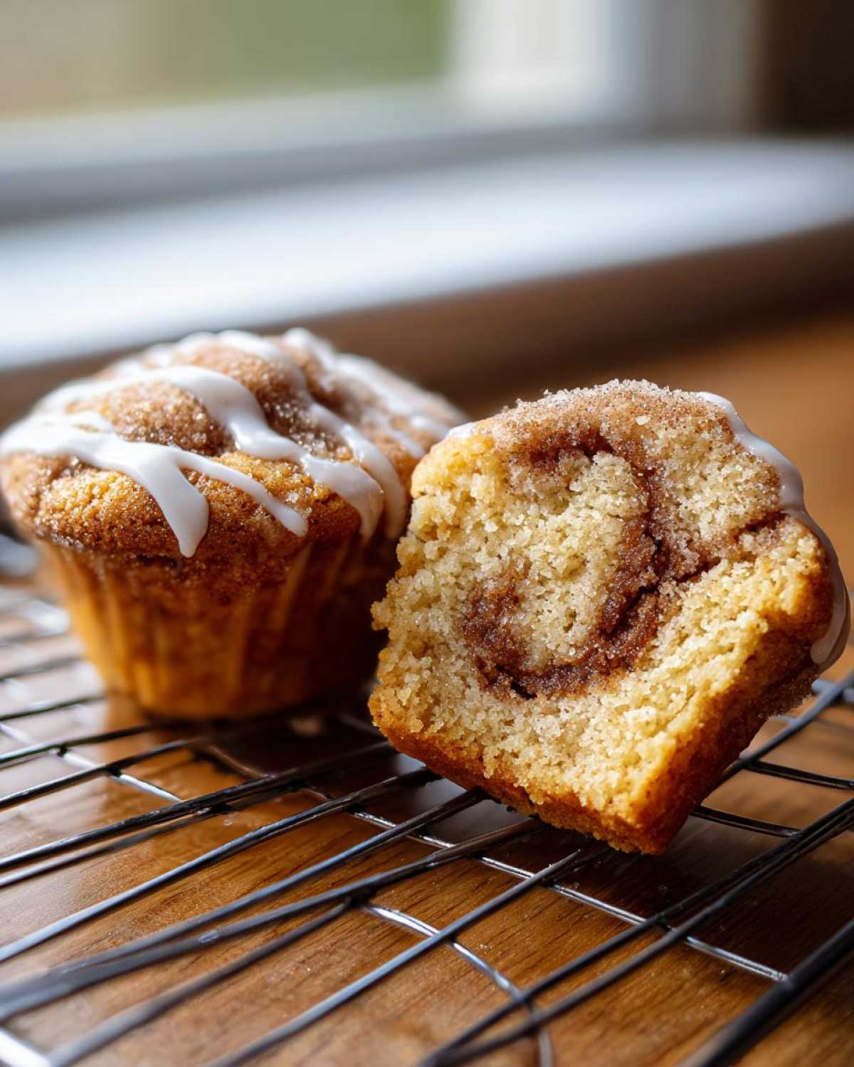 Close-up of a Gluten-Free Cinnamon Roll Muffin cut in half showing the swirl, next to a whole one with icing.