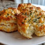 Close-up of three golden-brown Gluten-Free Garlic Cheddar Biscuits topped with melted cheese and parsley.