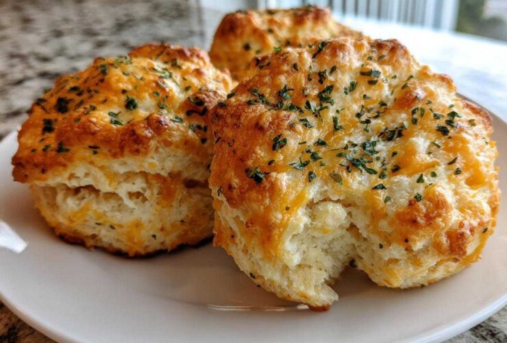 Close-up of three golden-brown Gluten-Free Garlic Cheddar Biscuits topped with melted cheese and parsley.