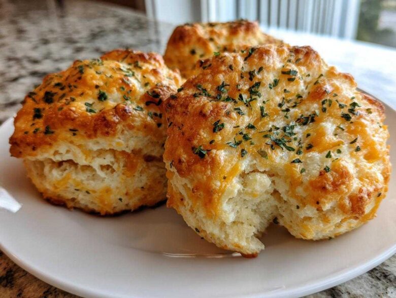 Close-up of three golden-brown Gluten-Free Garlic Cheddar Biscuits topped with melted cheese and parsley.