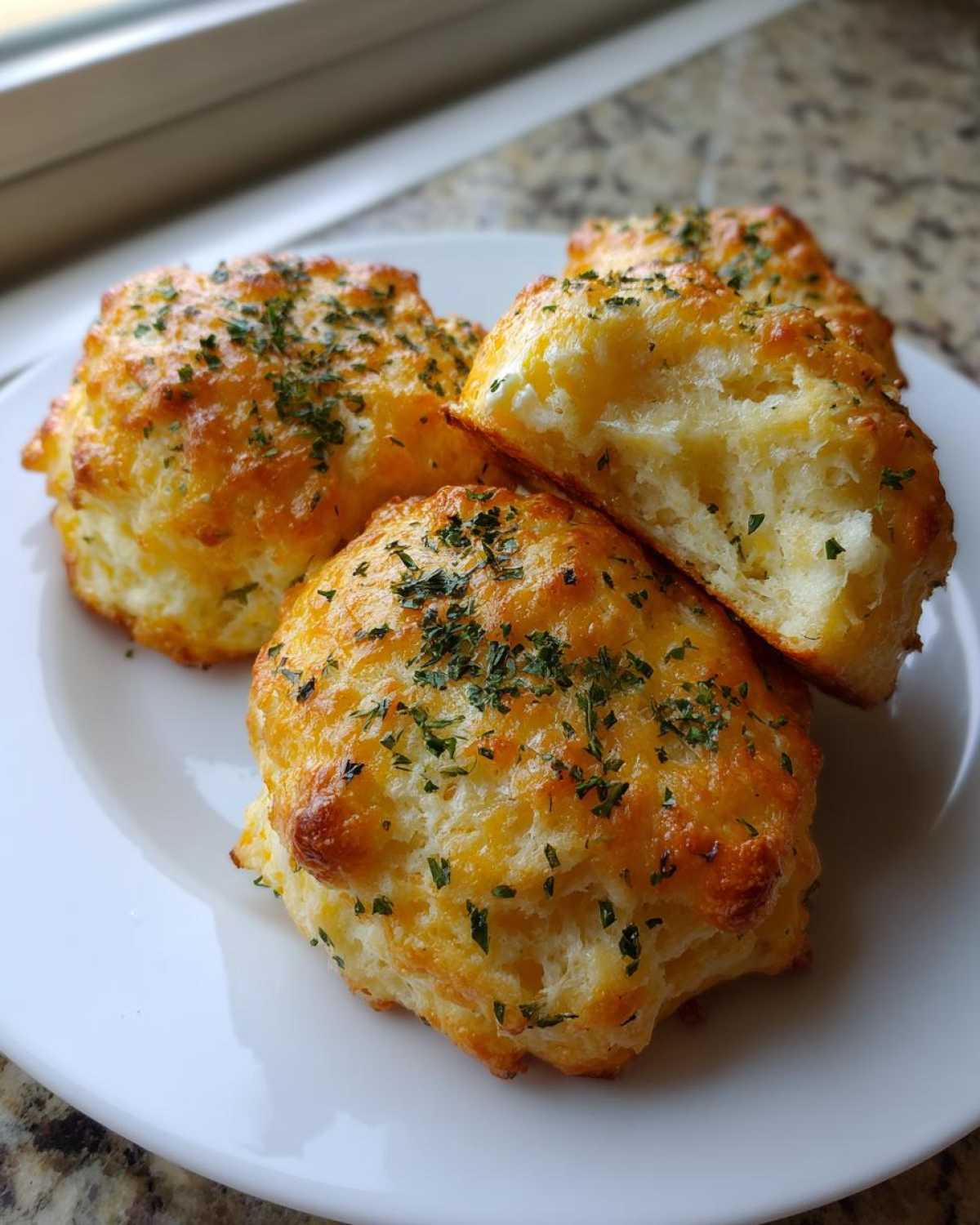 Four fluffy Gluten-Free Garlic Cheddar Biscuits topped with melted cheese and parsley on a white plate.