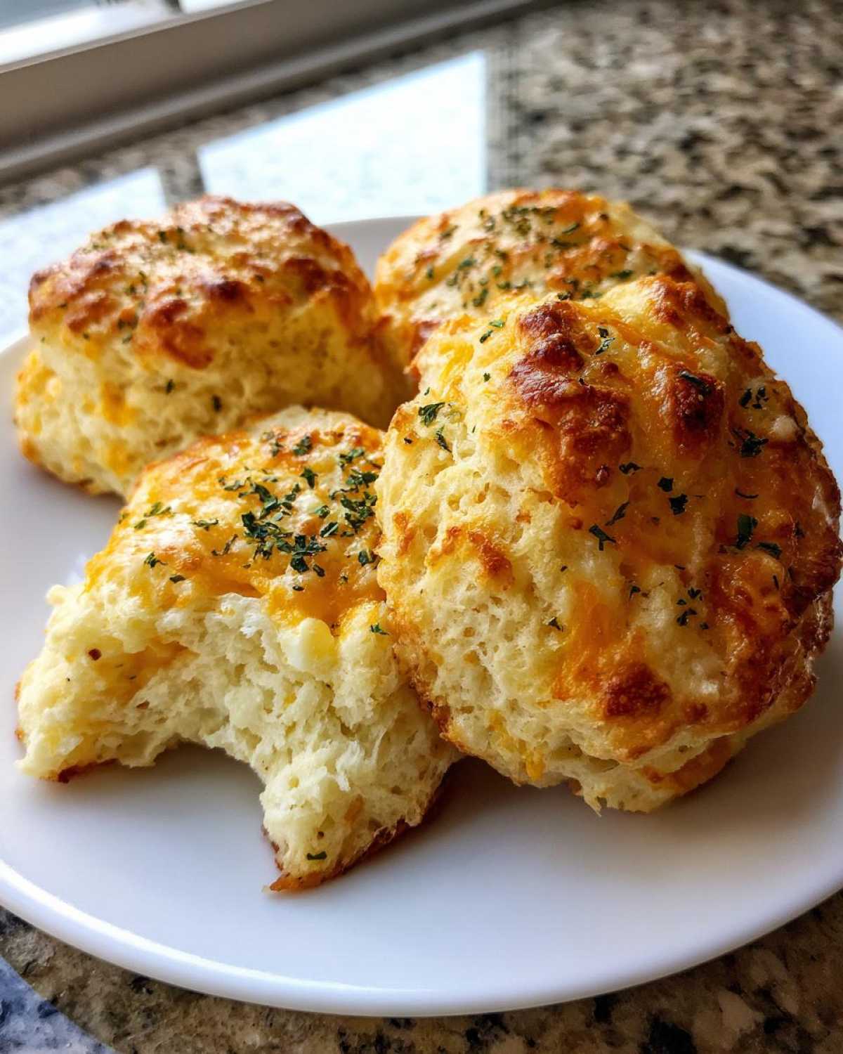 Four freshly baked Gluten-Free Garlic Cheddar Biscuits, one broken open, served on a white plate.