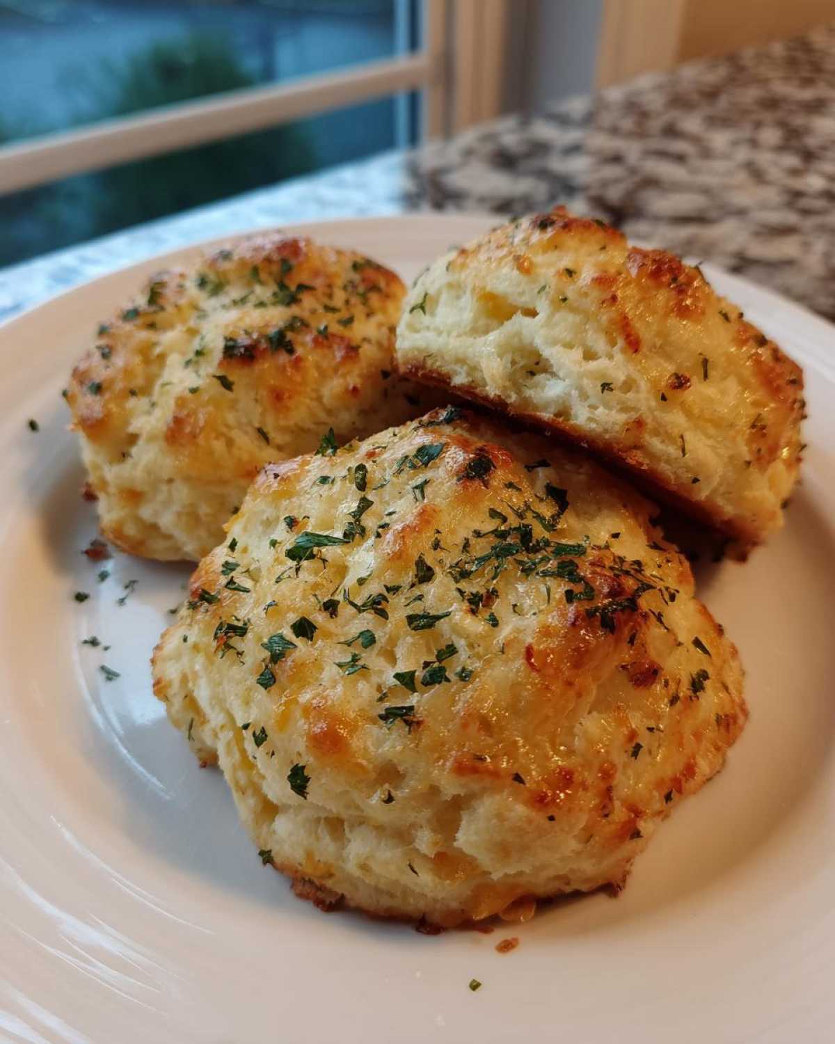 Three golden Gluten-Free Garlic Cheddar Biscuits topped with melted cheese and parsley on a white plate.