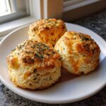 Three fluffy Gluten-Free Garlic Cheddar Biscuits topped with melted cheese and parsley on a white plate.