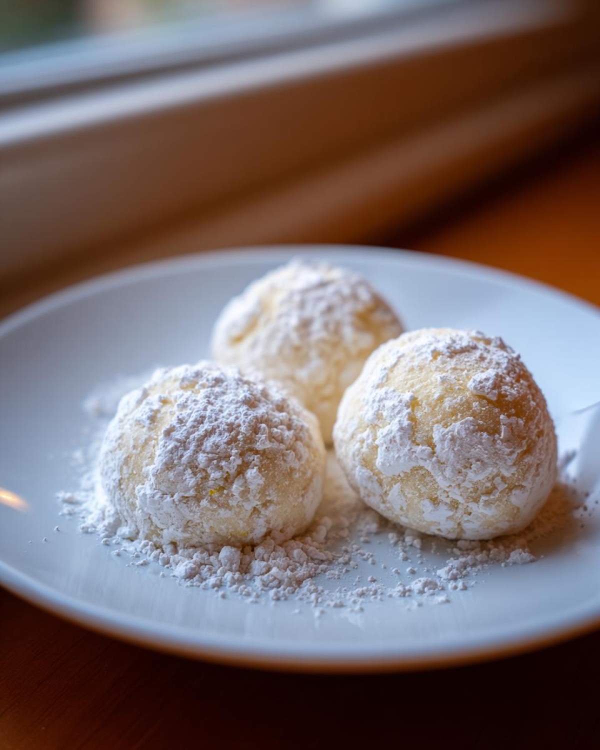 Three round Gluten-Free Lemon Meltaway Cookies heavily dusted with powdered sugar, resting on a white plate.