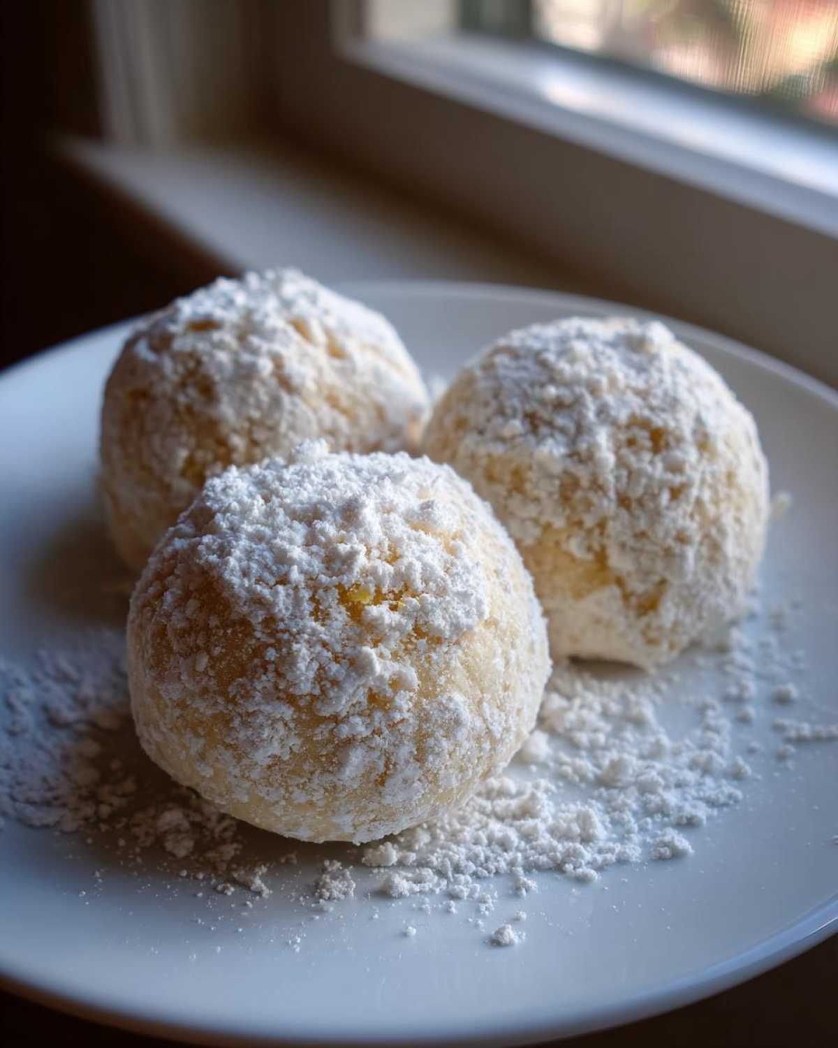 Three round Gluten-Free Lemon Meltaway Cookies heavily dusted with white powdered sugar on a white plate.
