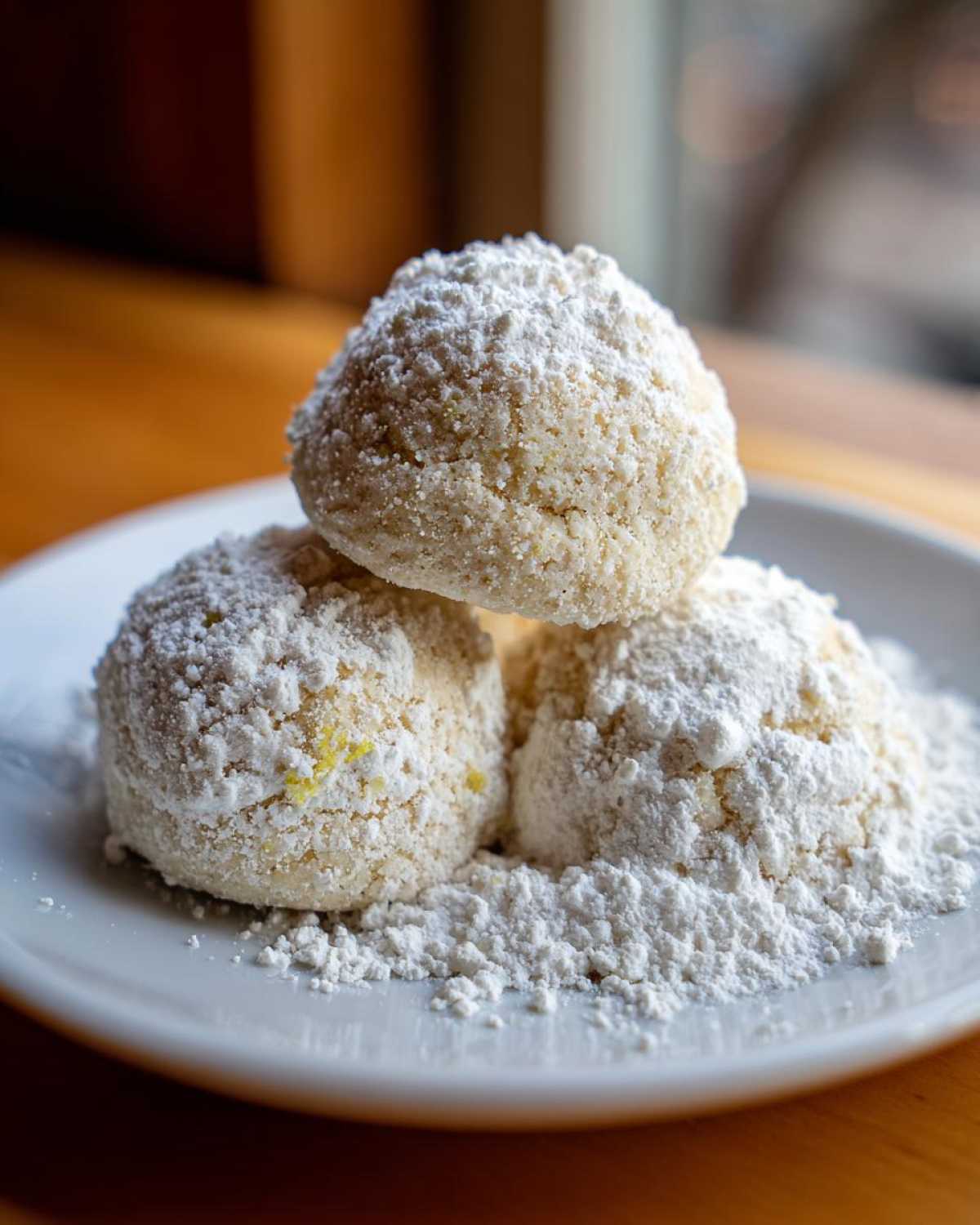 Three Gluten-Free Lemon Meltaway Cookies generously dusted with powdered sugar on a white plate.