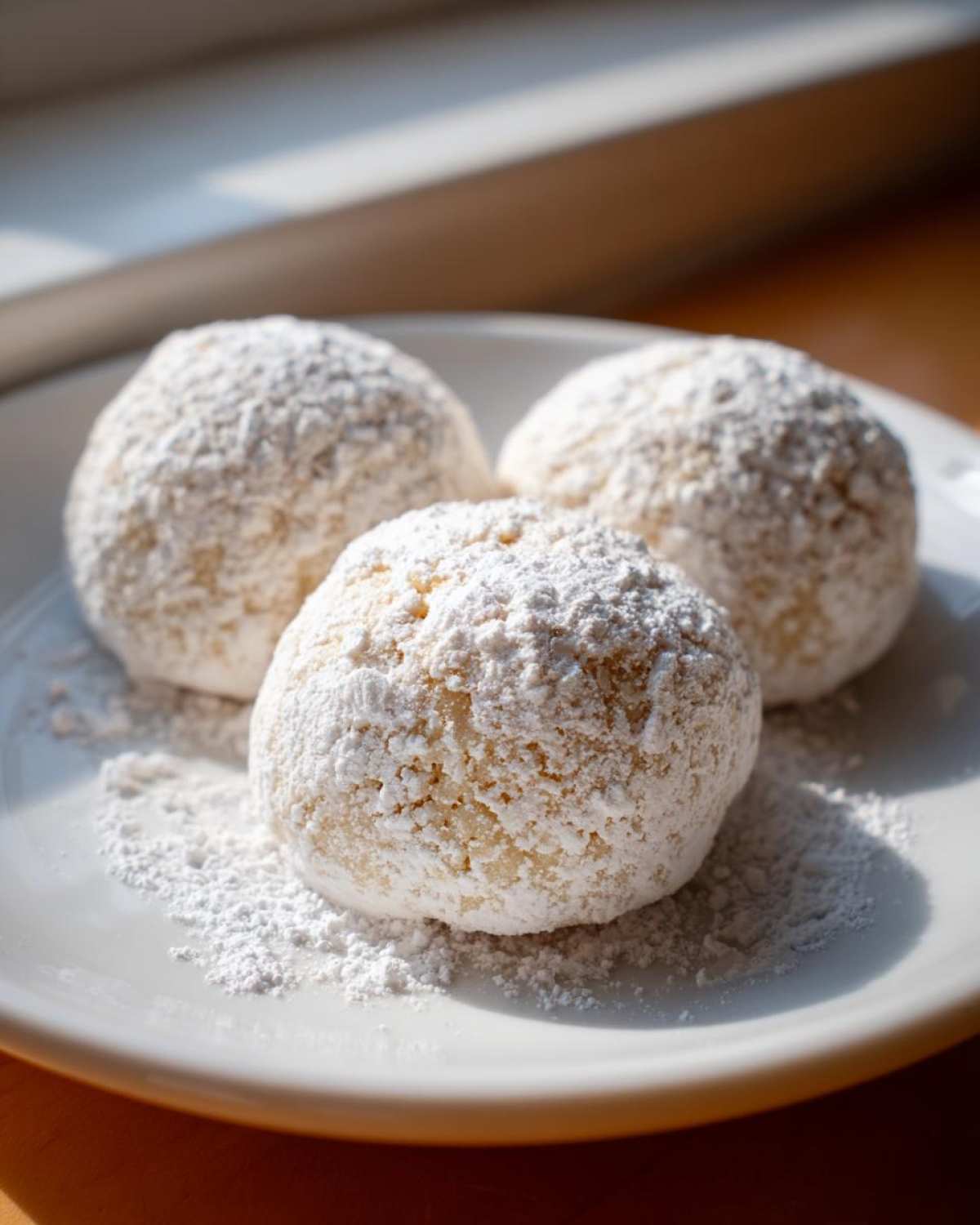 Three round Gluten-Free Lemon Meltaway Cookies heavily dusted with powdered sugar on a white plate.