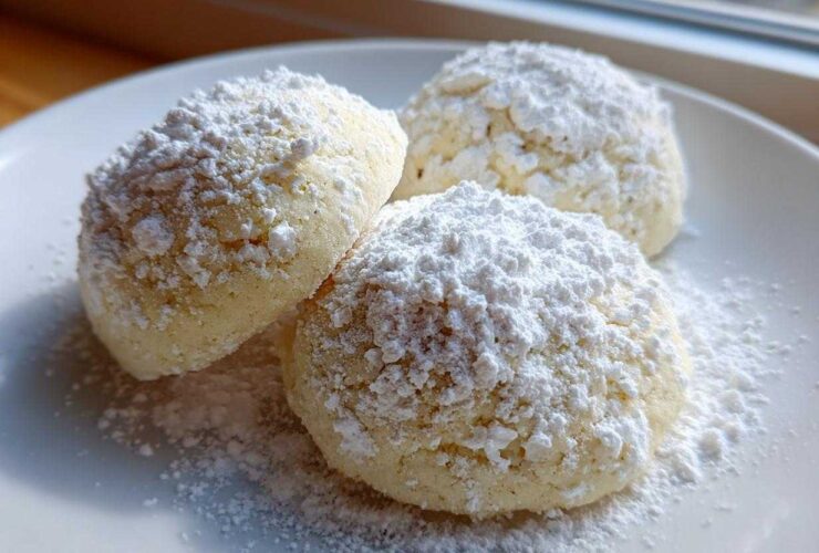 Three soft Gluten-Free Lemon Meltaway Cookies heavily dusted with white powdered sugar on a white plate.