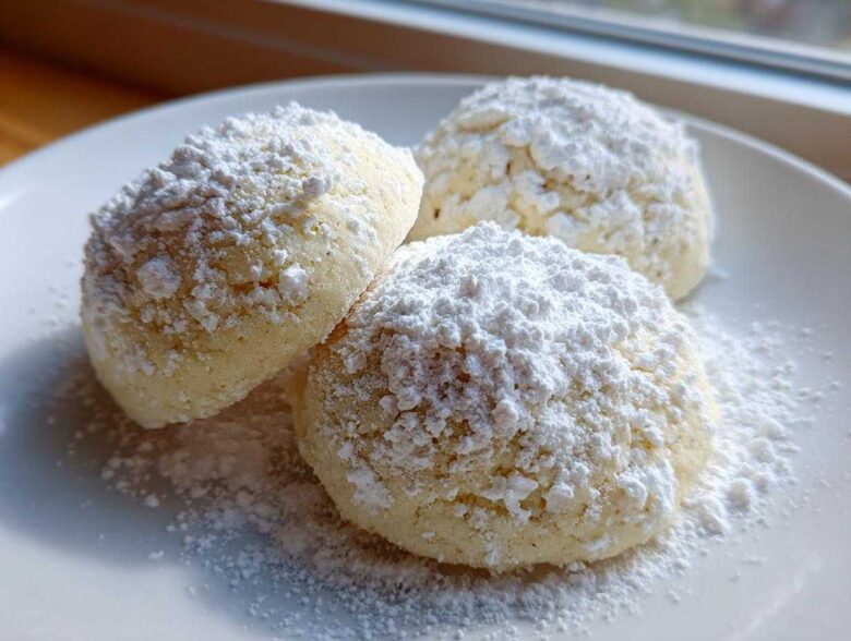 Three soft Gluten-Free Lemon Meltaway Cookies heavily dusted with white powdered sugar on a white plate.