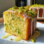 Close-up of a moist slice of Gluten-Free Lemon Pistachio Cake topped with lemon glaze and chopped pistachios.