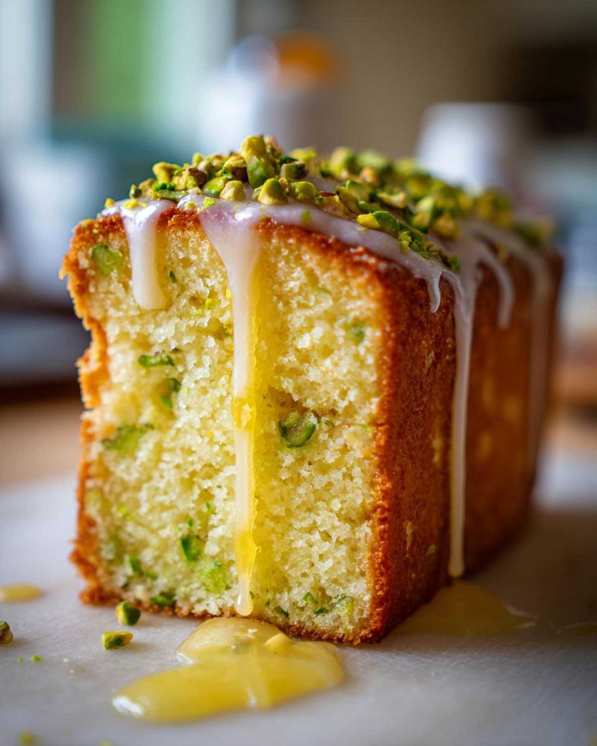 Close-up of a moist slice of Gluten-Free Lemon Pistachio Cake topped with white glaze and chopped pistachios.