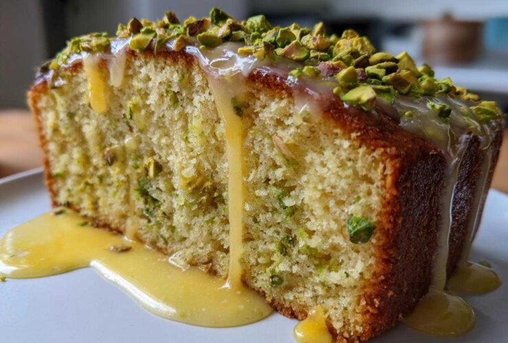 Close-up of a moist slice of Gluten-Free Lemon Pistachio Cake topped with lemon glaze and chopped pistachios.