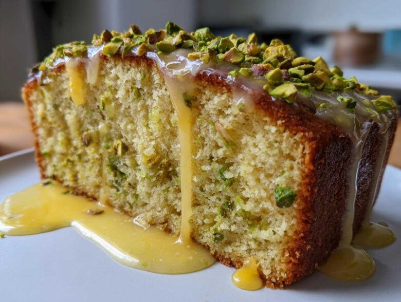 Close-up of a moist slice of Gluten-Free Lemon Pistachio Cake topped with lemon glaze and chopped pistachios.