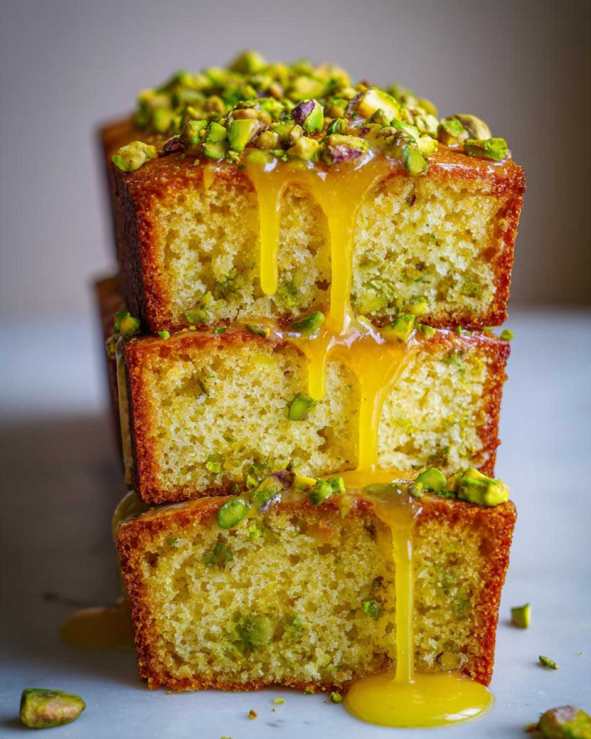 Three stacked slices of moist Gluten-Free Lemon Pistachio Cake drizzled with bright yellow lemon glaze and topped with chopped pistachios.