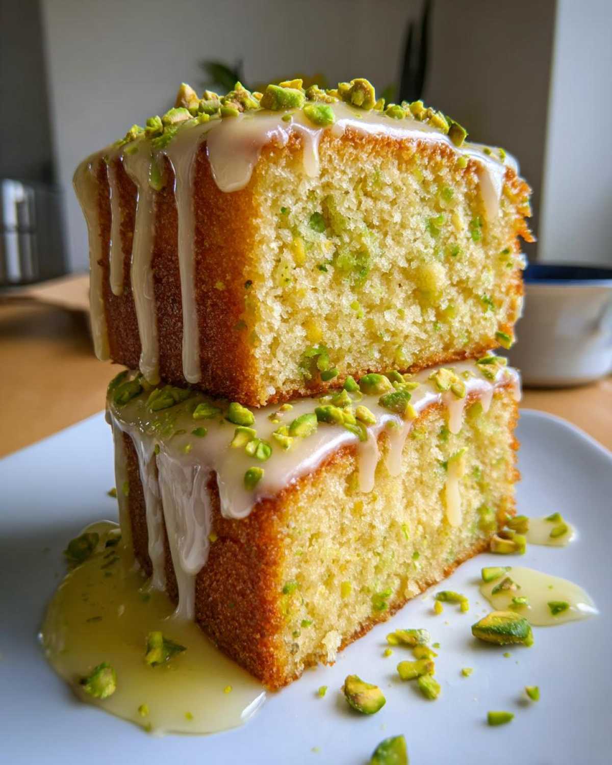 Two stacked slices of moist Gluten-Free Lemon Pistachio Cake topped with thick lemon glaze and chopped pistachios.