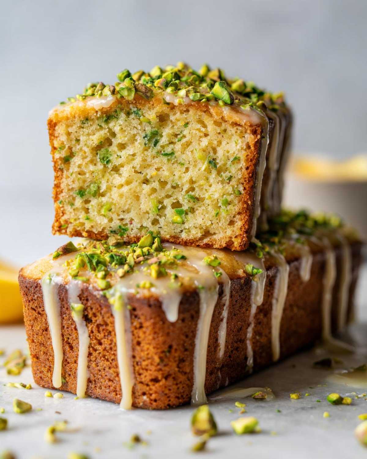 Two stacked mini loaves of Gluten-Free Lemon Pistachio Cake, drizzled with glaze and topped with chopped pistachios.
