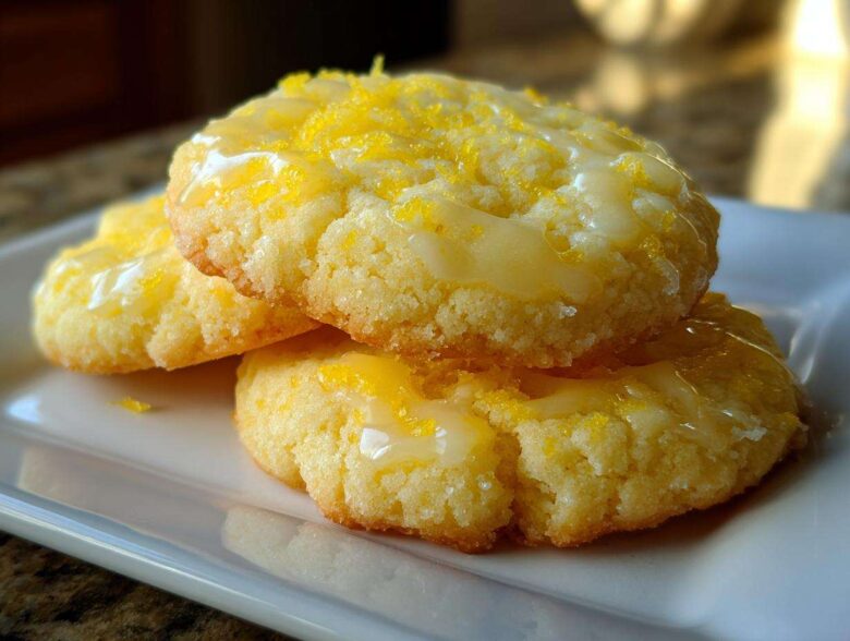 Three stacked Gluten-Free Lemon Sugar Cookies topped with a bright yellow glaze and fresh lemon zest.