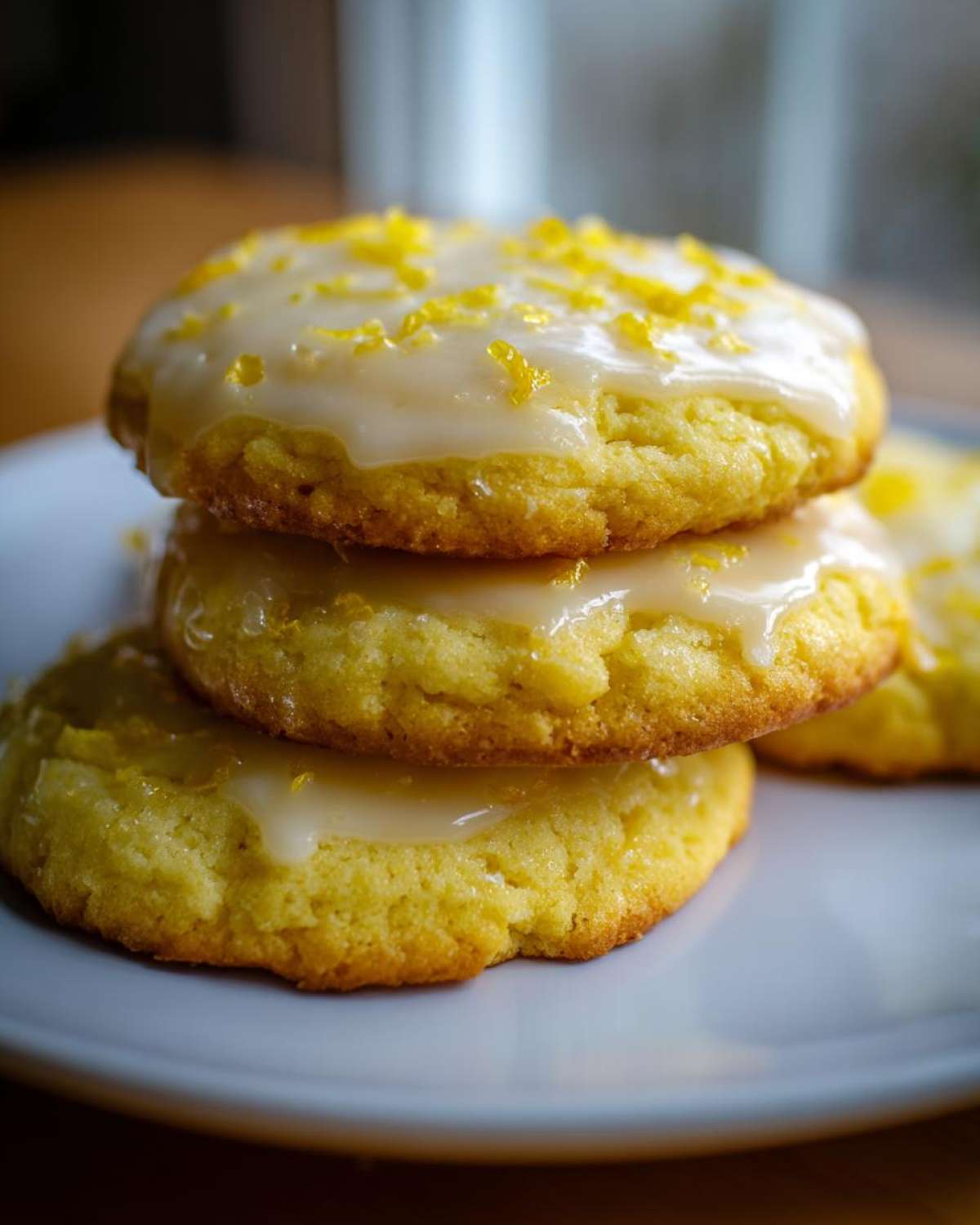 A stack of three soft Gluten-Free Lemon Sugar Cookies topped with bright lemon glaze and zest.