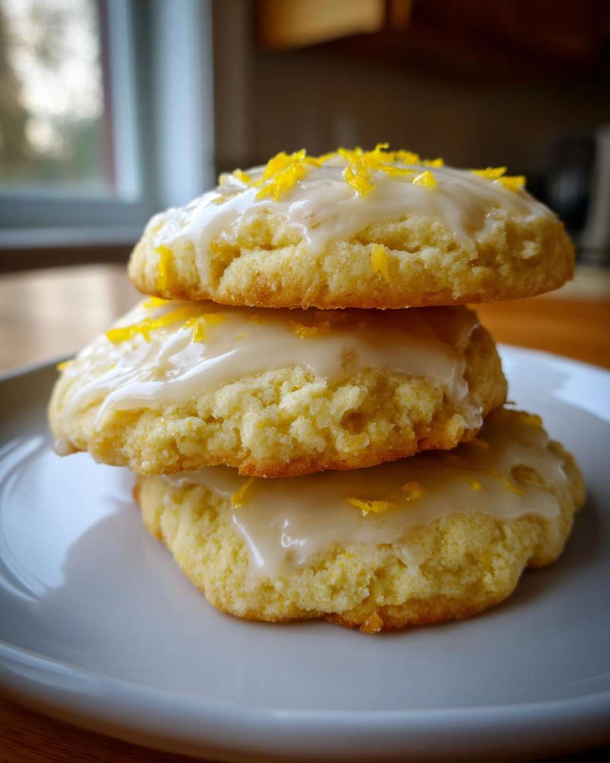 A stack of three soft Gluten-Free Lemon Sugar Cookies topped with white glaze and bright yellow lemon zest.