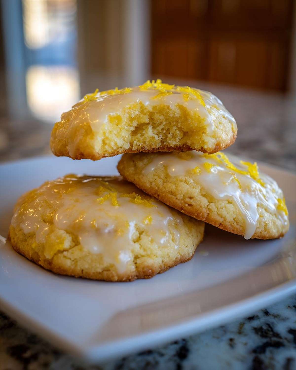 Three Gluten-Free Lemon Sugar Cookies stacked on a white plate, topped with lemon glaze and zest.