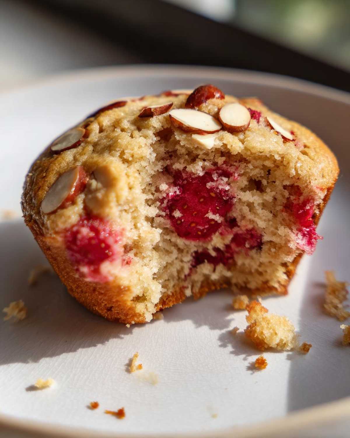Close-up of a Gluten-Free Strawberry Almond Muffin with a bite taken out, showing moist interior and almond topping.