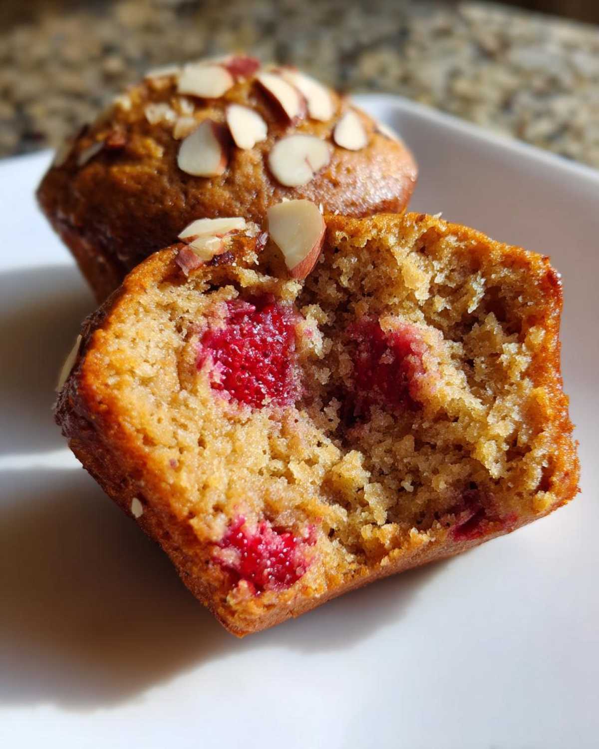 Close-up of a Gluten-Free Strawberry Almond Muffin cut in half showing moist interior and bright red berries.