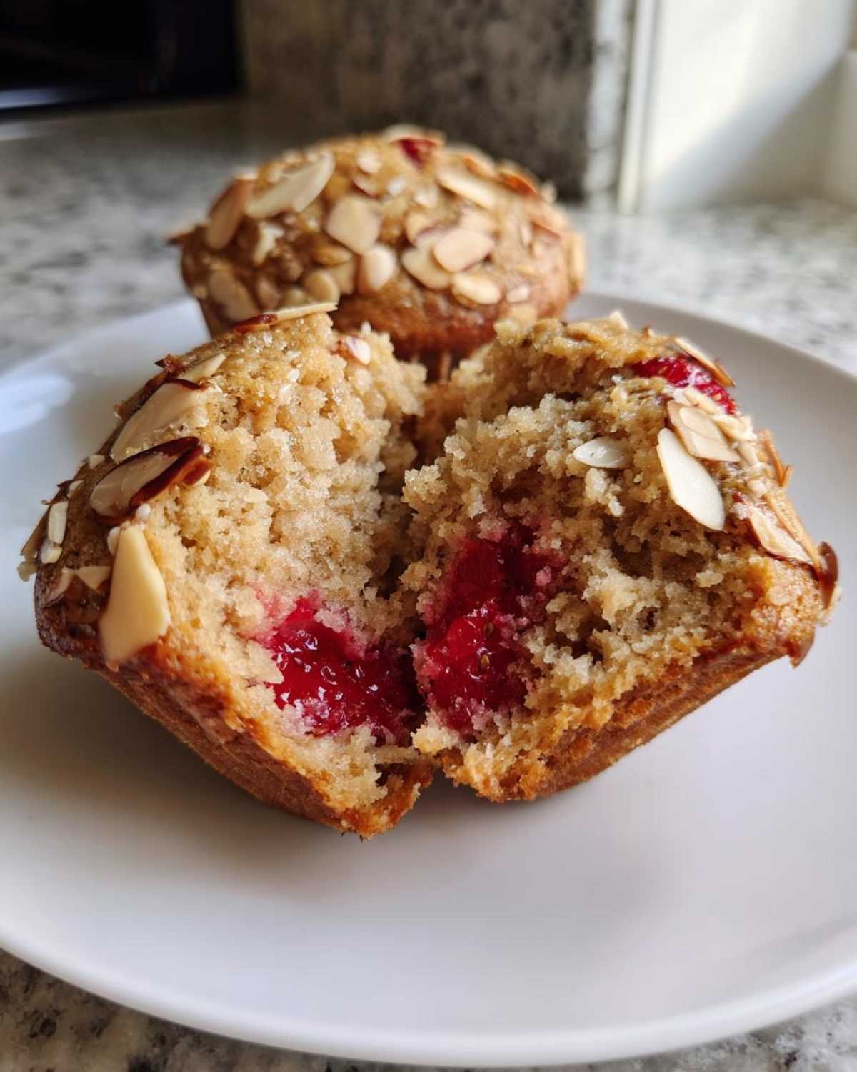 Close-up of a Gluten-Free Strawberry Almond Muffin cut in half, revealing a bright red strawberry filling and topped with sliced almonds.