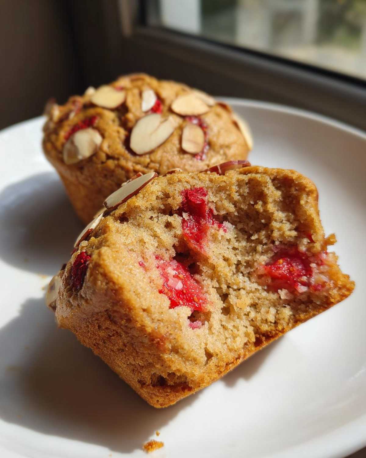 Close-up of a Gluten-Free Strawberry Almond Muffin cut in half, showing moist interior with bright red strawberries and almond topping.
