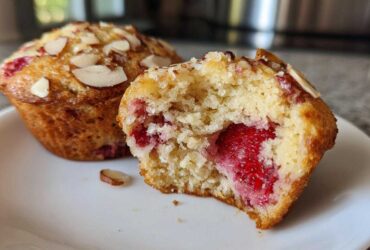 Close-up of a Gluten-Free Strawberry Almond Muffin cut in half showing a moist interior and whole strawberry filling.