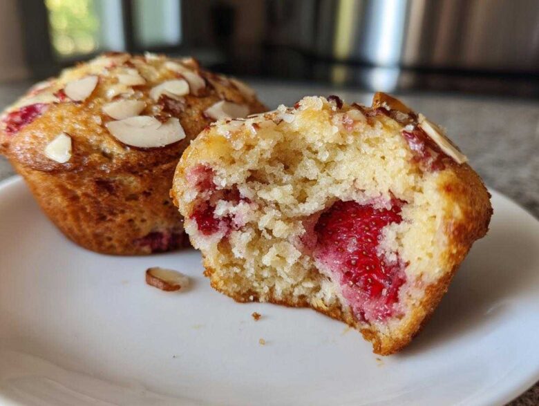 Close-up of a Gluten-Free Strawberry Almond Muffin cut in half showing a moist interior and whole strawberry filling.